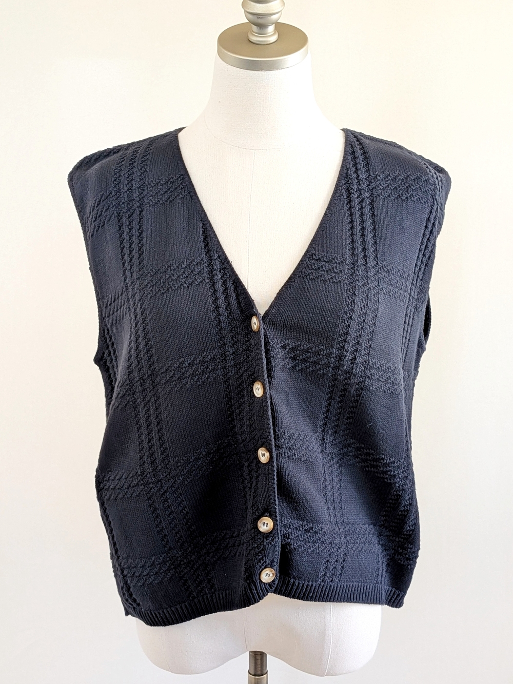 1990s Navy Blue Cotton Sweater Vest Cardigan – Button Front, Vintage USA Made L